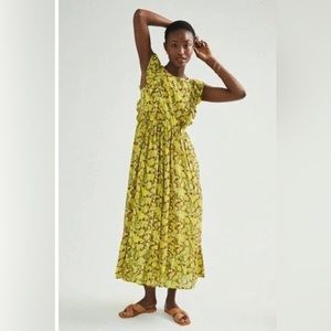 RANNA GILL Anthropologie Sz M Small Yellow Floral Ruffle Lenore Maxi Dress